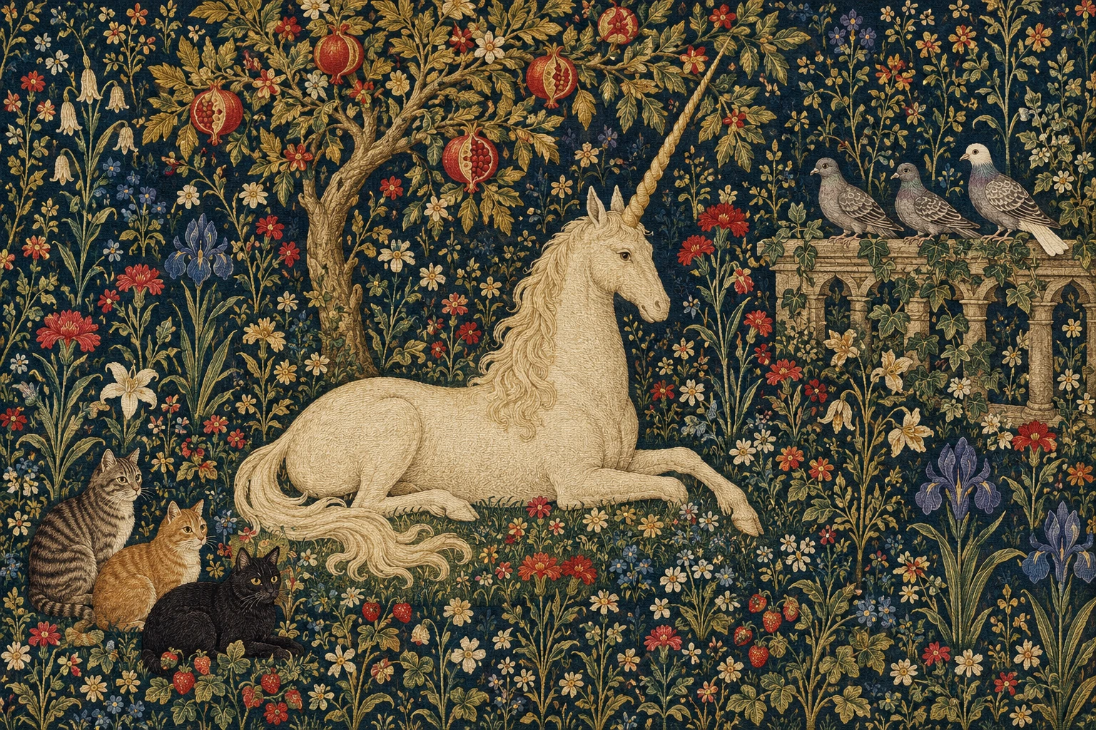 A medieval tapestry: a free white unicorn rests beneath a pomegranate tree; three cats hide among the flowers, and three pigeons perch on the garden wall.