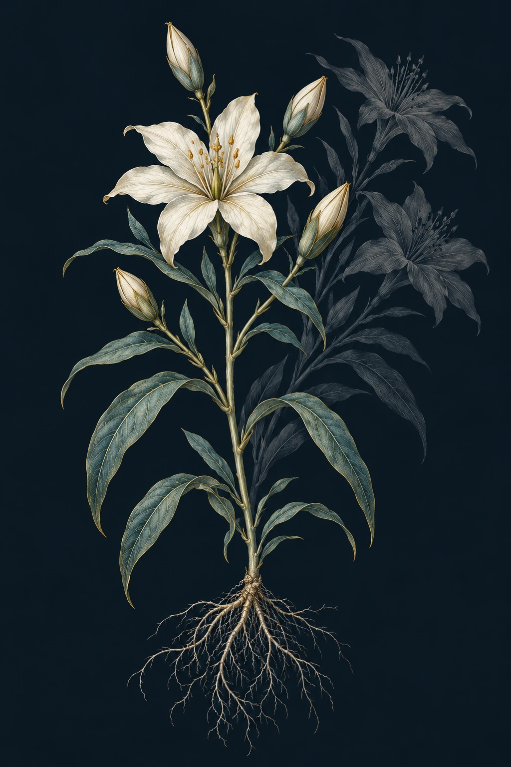 A botanical illustration of a tomorrowflower: a slender stem, a white flower, and closed buds; in its shadow, the buds have already opened.